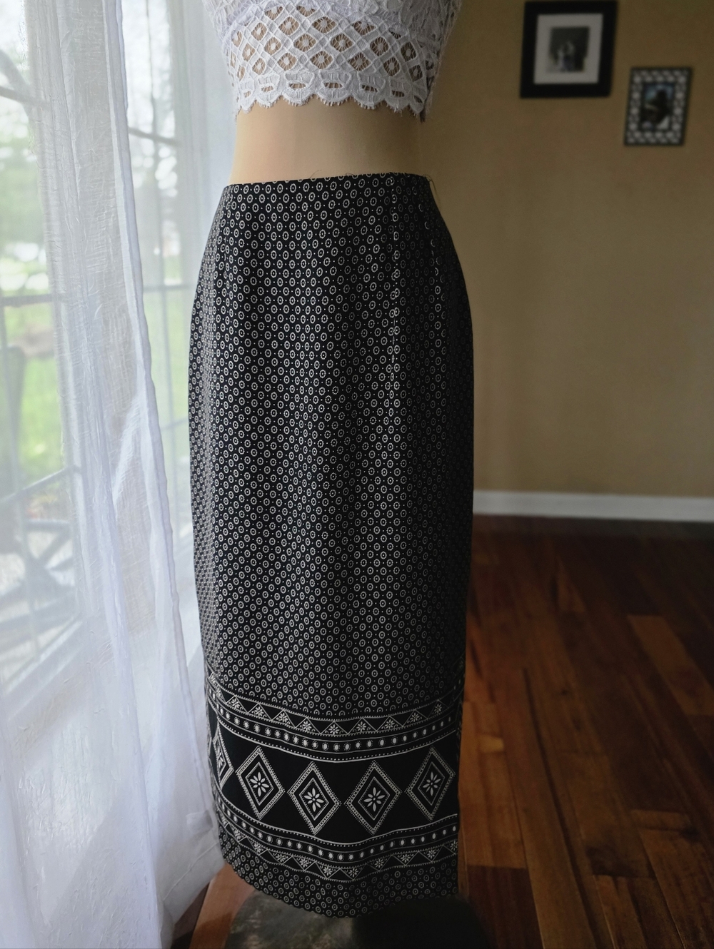 Vintage Chaus Faux Wrap Skirt | Black & Cream Pattern | Size 14 | Boho